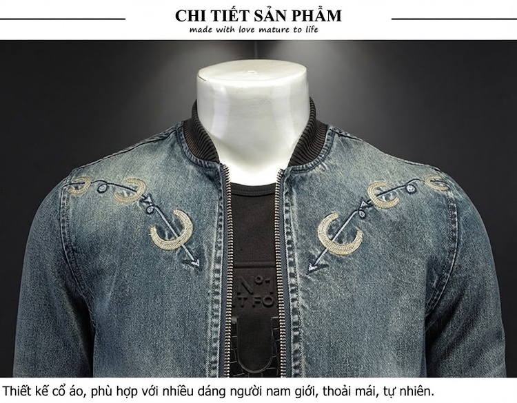 Áo Khoác Bomber Nam Denim Gân Sọc Thêu Họa Tiết Retro chi tiết 6