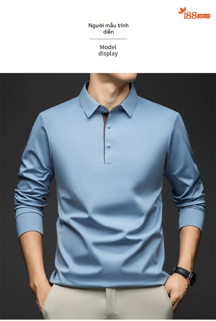 Áo Polo Nam Dài Tay Lụa Tơ Tằm Cổ Bẻ Phong Cách Business Casual Màu Be, Xanh Dương, Xám, Tím... chi tiết 14
