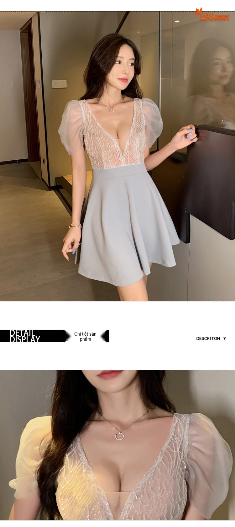 Váy Ngắn Chữ A Cổ Chữ V Tay Bồng Lưới Xuyên Thấu Màu Xám, Trắng chi tiết 9