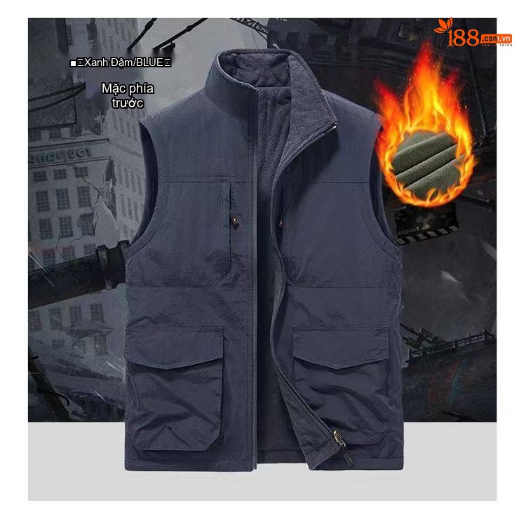 Áo Gile Nam Hai Mặt Lót Lông Dày Dặn Nhiều Túi Phong Cách Công Sở Màu Be, Xanh Rêu, Xám, Xanh Navy chi tiết 12