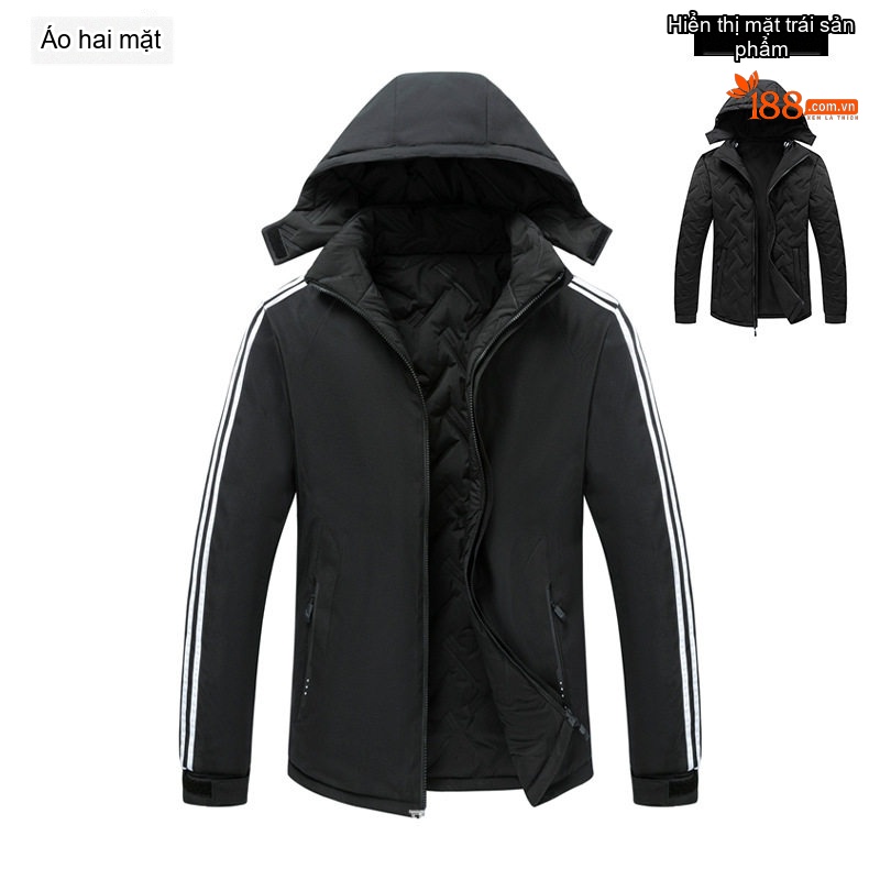 Áo Khoác Nam 2 Mặt Cotton Có Mũ Tháo Rời, Size Lớn Màu Đen, Xám