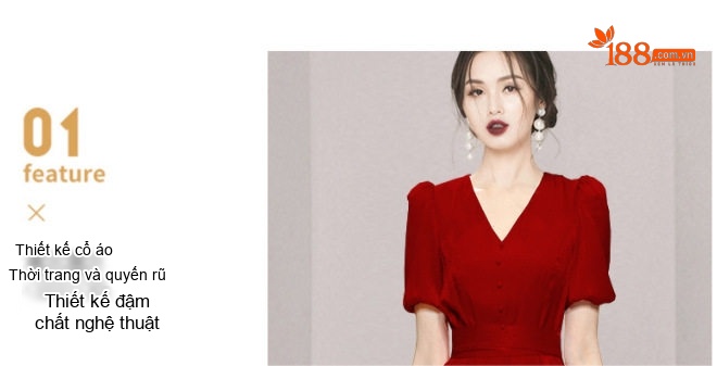 Váy Nữ Cổ chữ V Đầm Xòe Tay Phồng Dáng Dài Xẻ Tà Thắt Eo Màu Đỏ, Hồng, Đen chi tiết 4