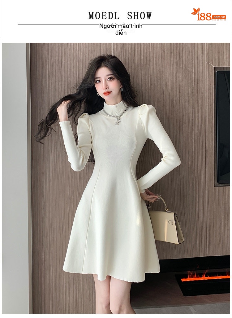 Đầm Dệt Kim Nữ Tay Phồng Cổ Cao dáng chữ A Tiểu Thư Màu Trắng, Đỏ, Đen, Nâu chi tiết 6