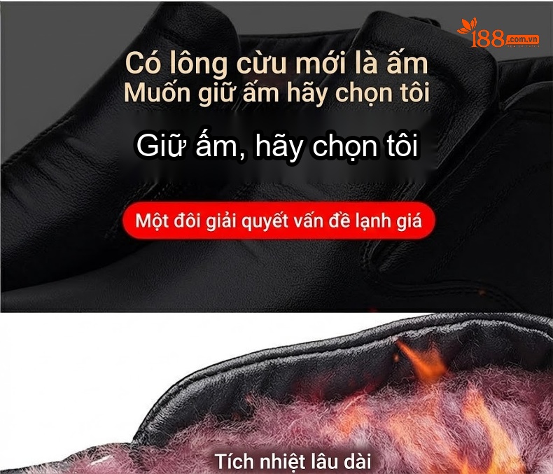 Giày Da Thật Nam Cổ Cao Lót Lông Cừu Mùa Đông Chống Trượt Chiều Cao Đế Khoảng 3cm Màu Đen chi tiết 3