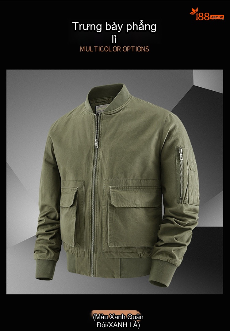 Áo Khoác Bomber Nam Cotton Giặt Nước Nhiều Túi Dáng Rộng Màu Đen, Xanh Olive, Nâu Vàng chi tiết 5