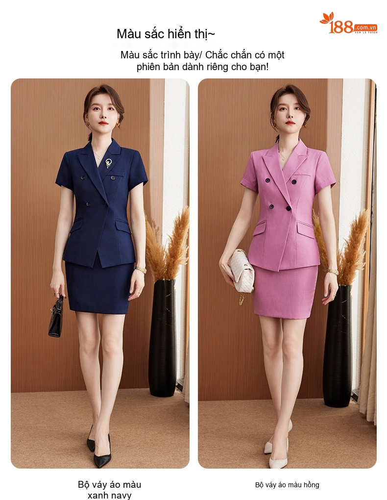 Bộ Vest Công Sở Nữ Tay Ngắn Màu Đen, Hồng, Xanh Navy chi tiết 6