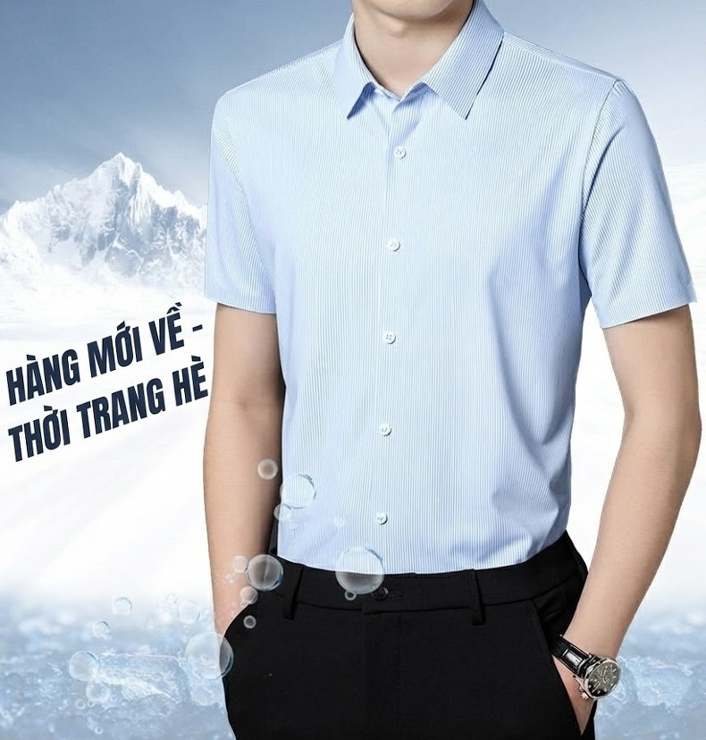 Áo Sơ Mi Nam Tay Ngắn Lụa Tằm Thượng Hạng Họa Tiết Sọc Chống Nhăn Màu Xanh Lam chi tiết 1