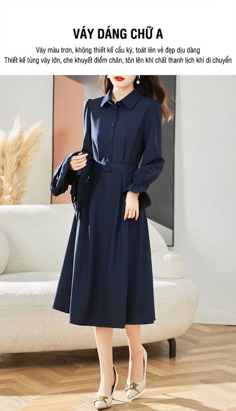 Váy Bộ Nữ Áo Vest Tay Dài Thanh Lịch Phong Cách Hàn Quốc Màu Nâu, Xanh Navy chi tiết 10
