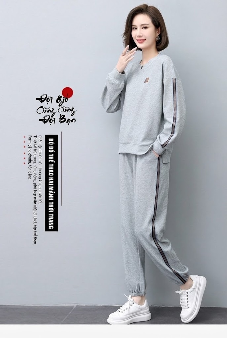 Bộ Đồ Thể Thao Nữ Thu Đông Dáng Nhỏ Nhắn Phong Cách Thời Trang Màu Xám, Xanh Navy chi tiết 1
