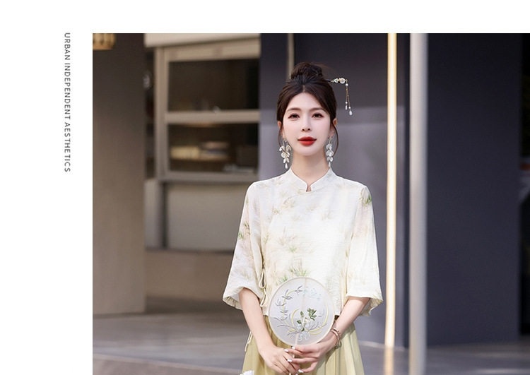 Set Áo Kiểu Tay Lỡ Họa Tiết Cổ Tàu và Chân Váy Chữ A Lưng Cao Phong Cách Trung Hoa Màu Vàng, Xanh chi tiết 25