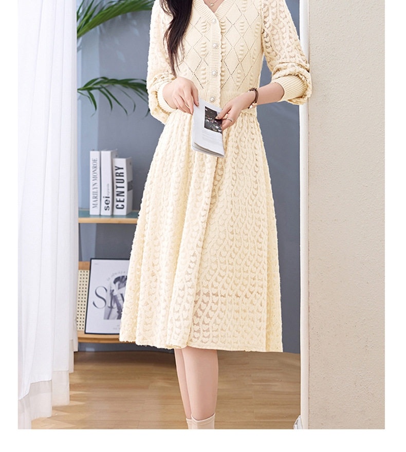 Váy Dệt Kim Nữ Cổ chữ V Đính Cúc Ngọc Trai Phối Ren Phong Cách Quý Cô Màu Be, Đen, Hồng chi tiết 43