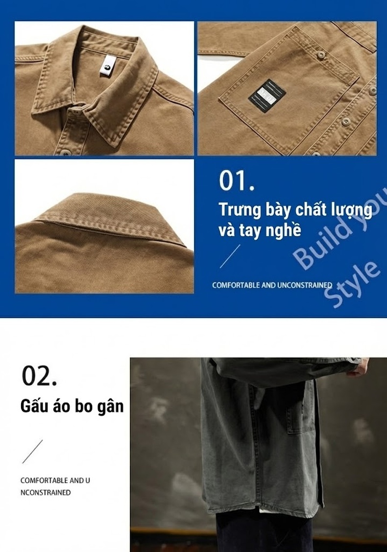 Áo Sơ Mi Dài Tay Nam Cotton Dáng Rộng Phong Cách Mỹ Retro Màu Xanh Olive, Nâu chi tiết 3