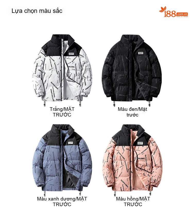 Áo Khoác Phao Nam Nữ Cotton Dày Dặn Phong Cách Đường Phố Màu Đen, Trắng, Xanh, Hồng chi tiết 3