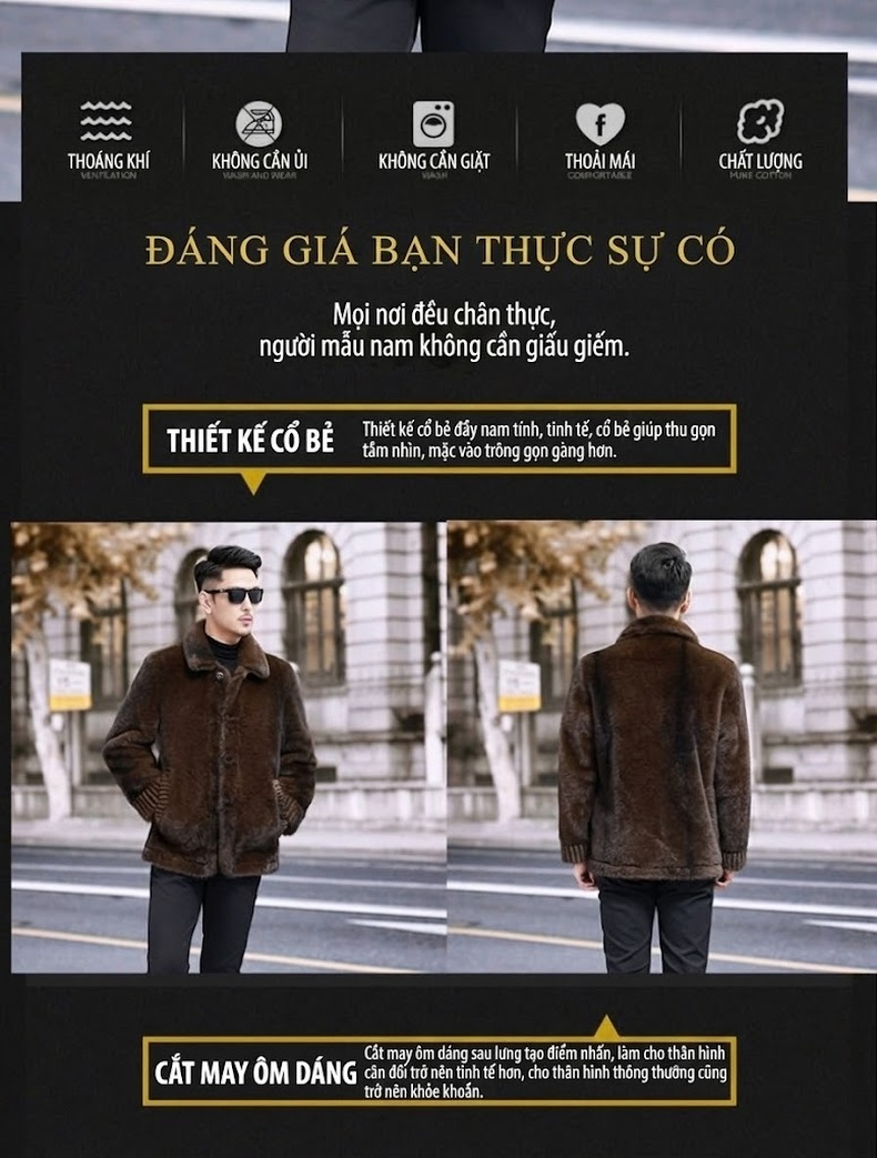 Áo Khoác Nam Lông Kim Chồn Nhân Tạo Lót Lông Vàng Dày Dặn Hai Mặt Màu Nâu, Đen chi tiết 2