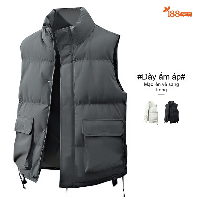Áo Gilet Phao Nam Nữ Mùa Đông Dáng Rộng Cổ Trụ Túi Hộp Màu Đen, Trắng, Xám