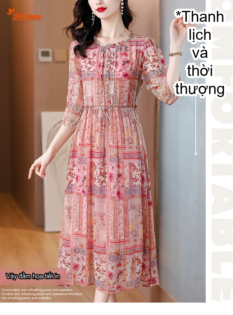 Váy Lụa Tằm In Hoa Dáng Dài Tay Lỡ Phong Cách Thanh Lịch Cho Nữ chi tiết 1