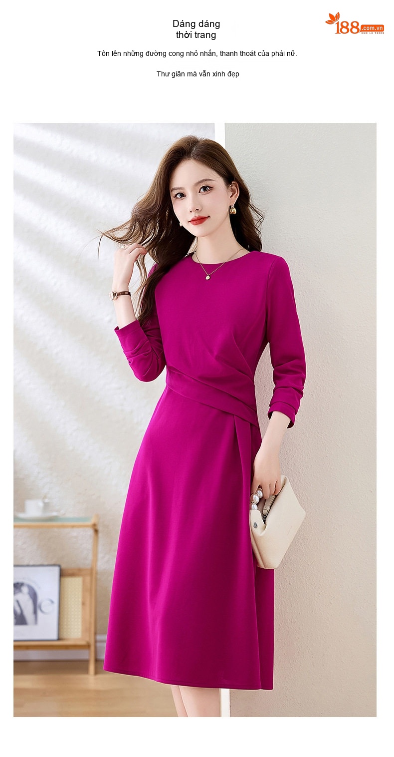 Váy Đầm Nữ Tay Dài dáng chữ A Che Bụng Tôn Dáng Thanh Lịch Màu Hồng Tím chi tiết 10
