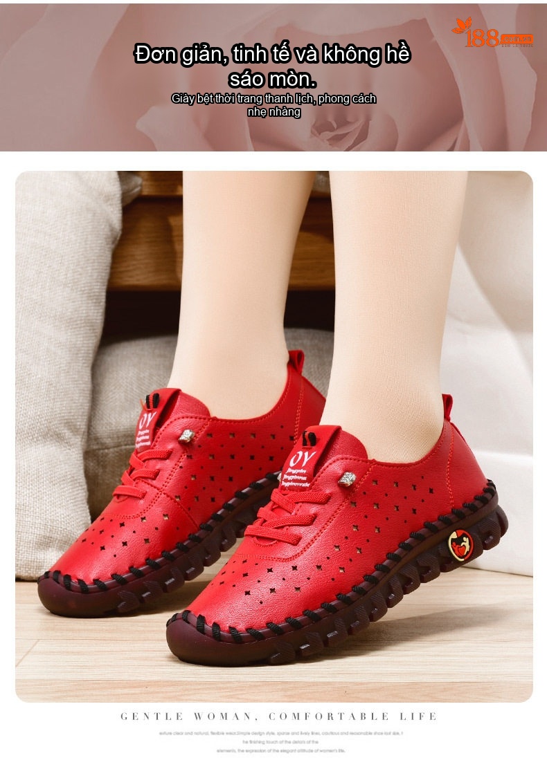 Giày Lười Mùa Hè Nữ Da Mềm Đục Lỗ Thoáng Khí Chiều Cao Đế Khoảng 3cm Màu Trắng, Đỏ, Đen, Nâu chi tiết 7
