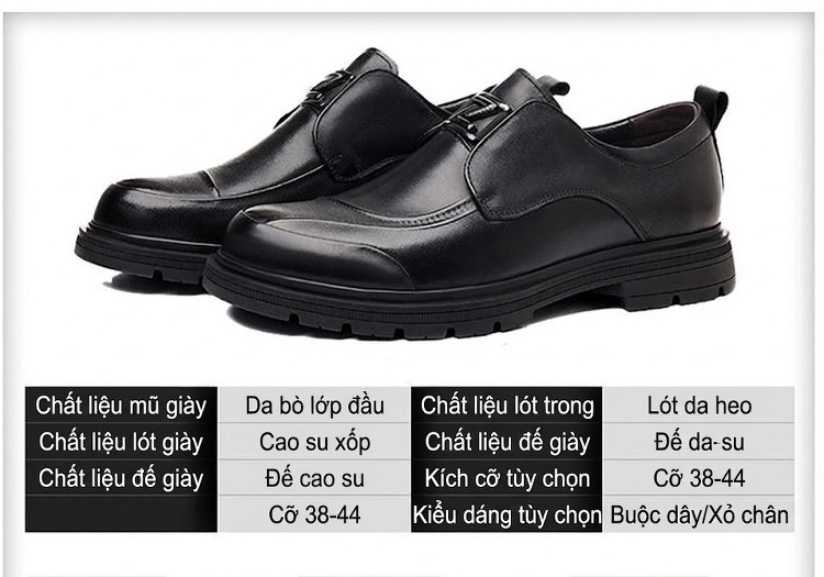 Giày Tây Buộc Dây Nam Da Bò Chiều Cao Đế Khoảng 3cm Màu Đen chi tiết 9