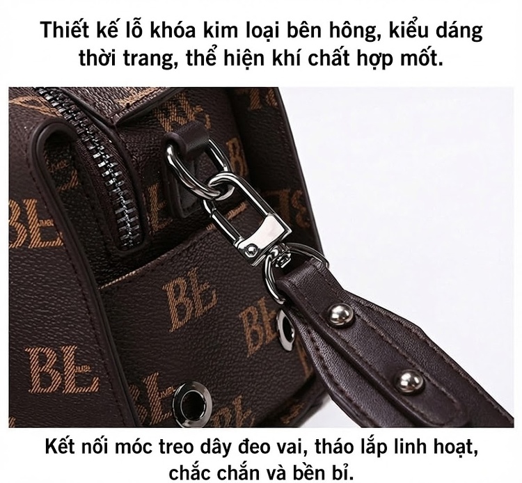Túi Đeo Chéo Nữ In Họa Tiết Dáng Trống Cỡ Lớn Chất Liệu PVC Màu Nâu chi tiết 7