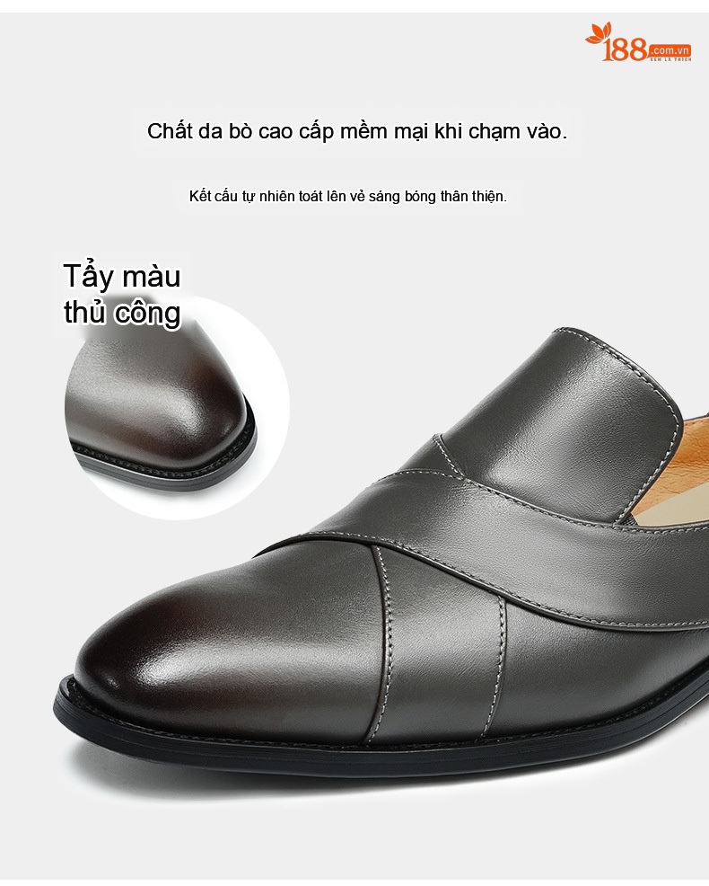 Giày Lười Nam Da Bò Mũi Tròn Chiều Cao Đế Khoảng 3cm Màu Đen chi tiết 7