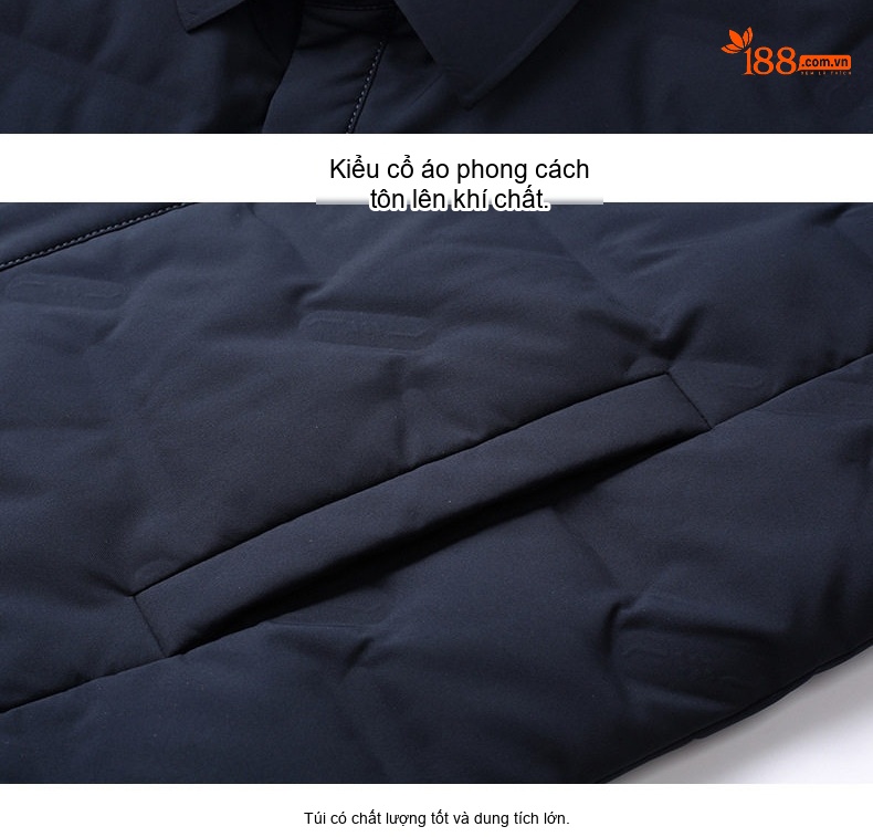 Áo Khoác Phao Nam Lông Vũ Mỏng Nhẹ Cổ Sơ Mi Màu Đen, Xám, Xanh Navy chi tiết 15