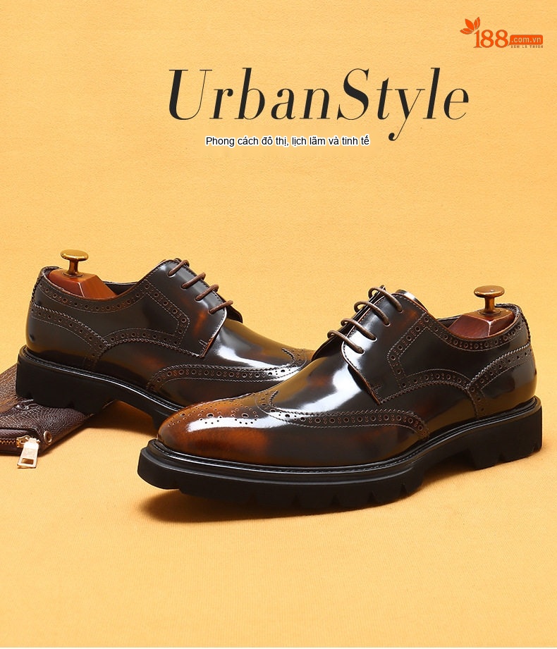 Giày Tây Buộc Dây Nam Da Bò Dập Vân Brogue Chiều Cao Đế Khoảng 3cm Màu Đen, Nâu chi tiết 1