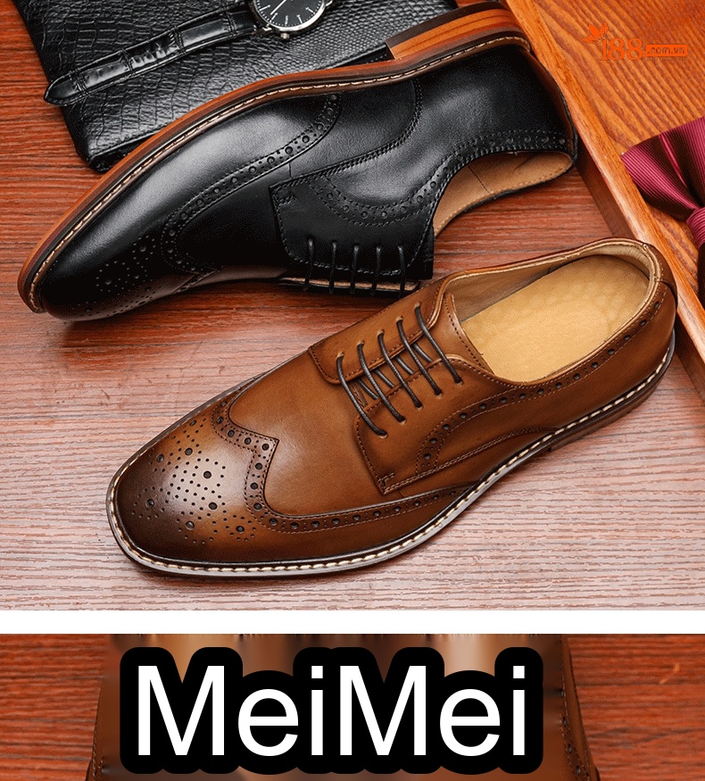Giày Tây Brogue Buộc Dây Nam Da Bò Chiều Cao Đế Khoảng 3cm Màu Nâu chi tiết 3