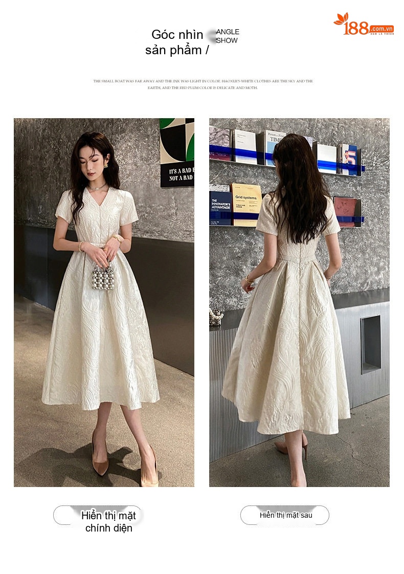 Váy Dạ Hội Nữ Tay Ngắn Dáng Xòe Tiểu Thư Phong Cách Pháp Màu Trắng Kem chi tiết 6