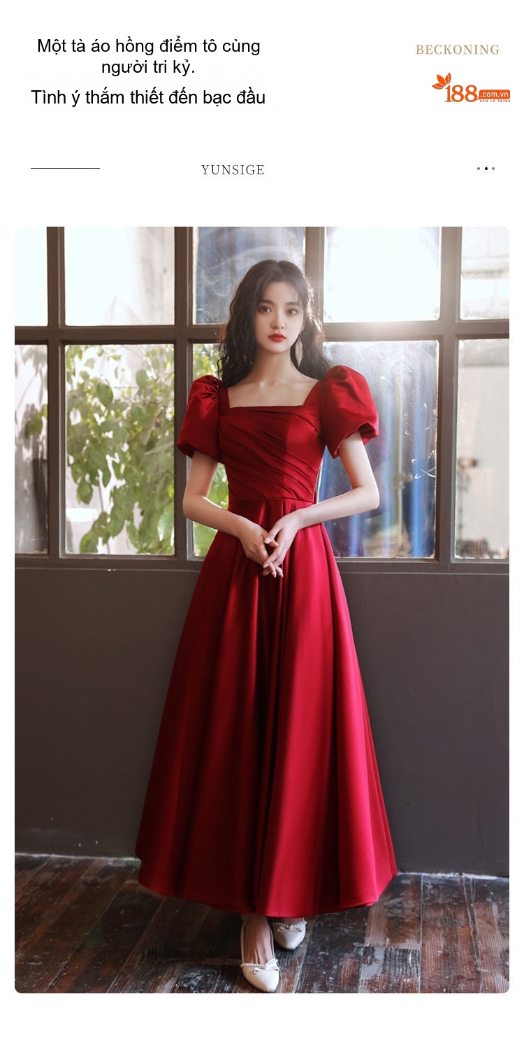 Váy Dạ Hội Nữ Tay Bồng Cổ chữ Vuông Dáng Dài Phù Hợp Đám Hỏi, Ăn Tiệc Màu Đỏ chi tiết 8