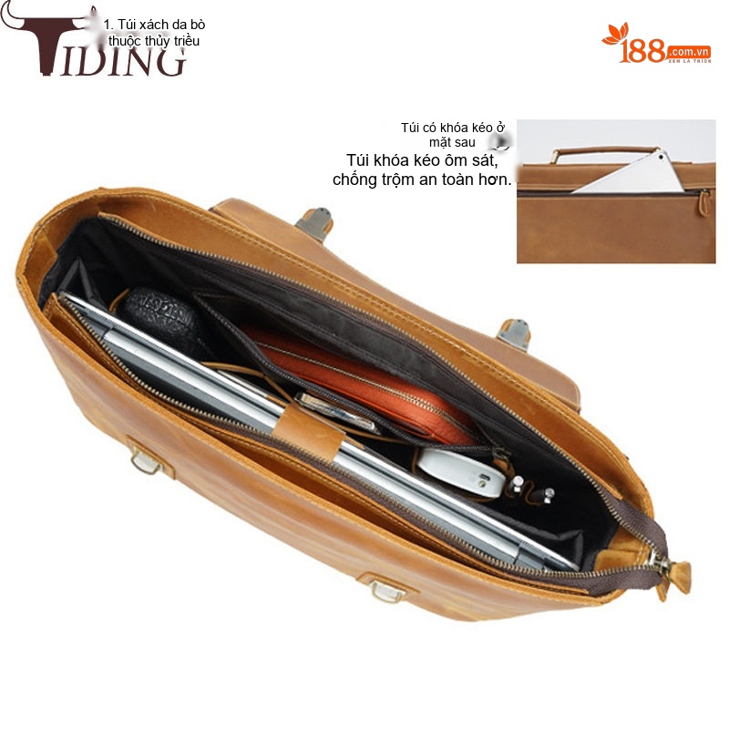 Cặp Túi Xách Đựng Laptop 15.6 Inch Da Bò Sáp Đeo Vai Nam Màu Nâu