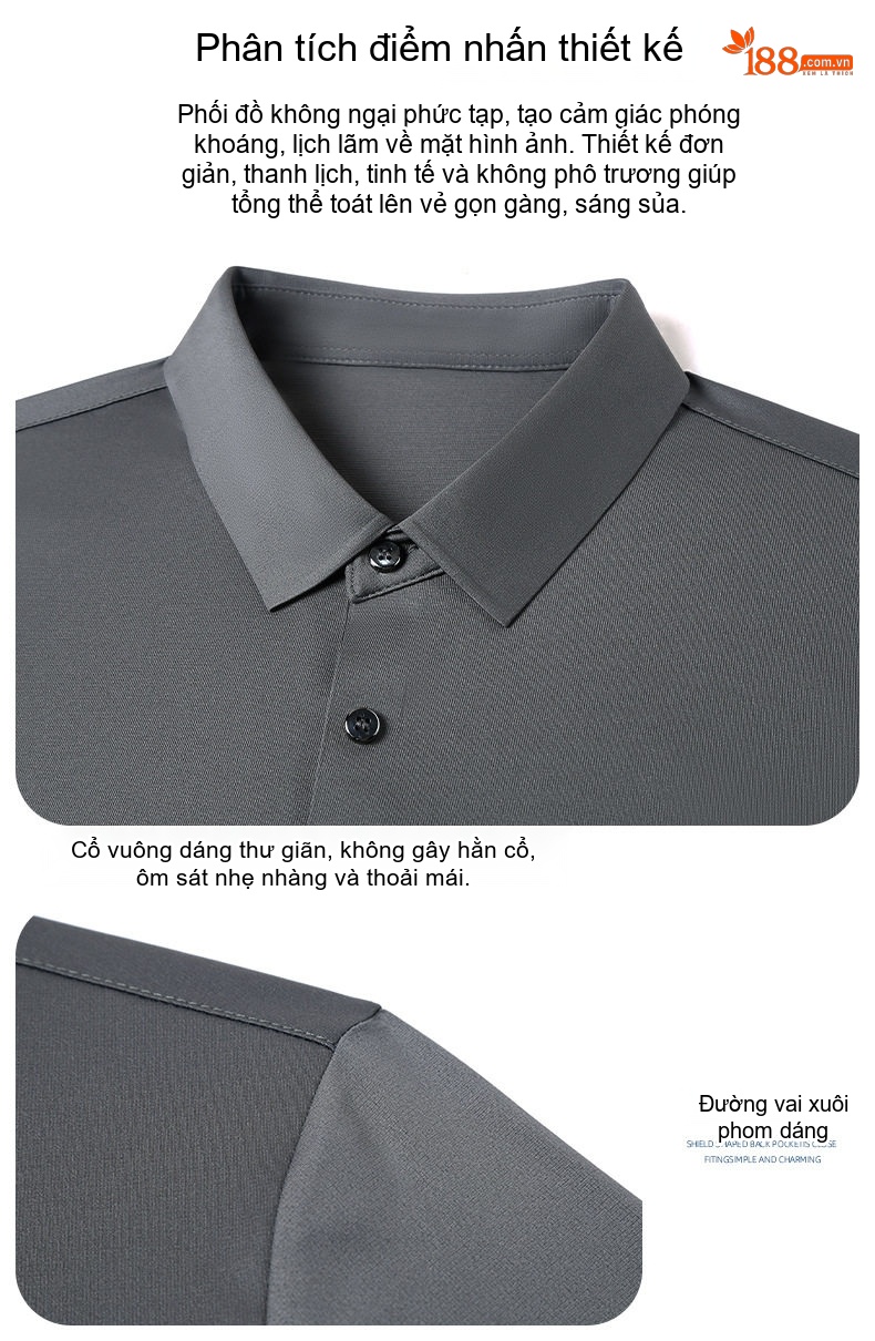 Áo Polo Nam Tay Ngắn Sợi Tằm Thượng Hạng Cổ Bẻ Phong Cách Business Casual Màu Đen, Đỏ, Xám, Xanh... chi tiết 4