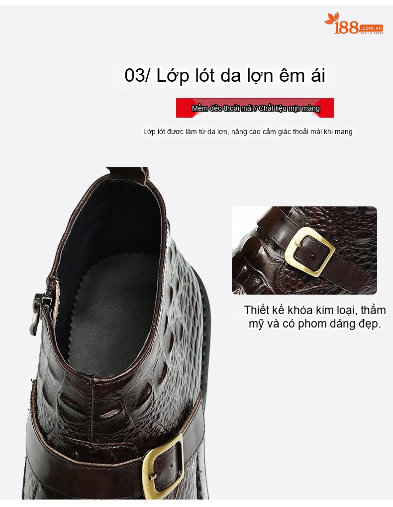 Boot Nam Da Thật Vân Cá Sấu Cổ Cao Khóa Hông Chiều Cao Đế Khoảng 3cm Màu Đen, Nâu chi tiết 10