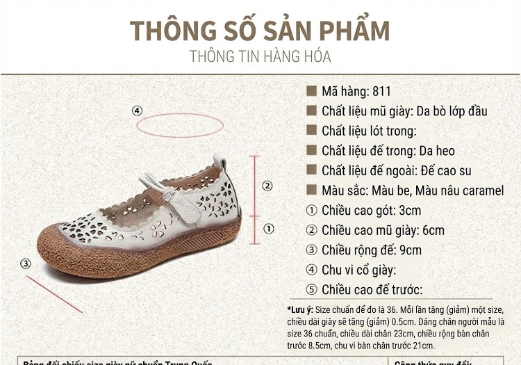 Giày Búp Bê Nữ Da Mờ Lỗ Thoáng Khí Chiều Cao Đế Khoảng 3cm Màu Nâu, Kem chi tiết 2