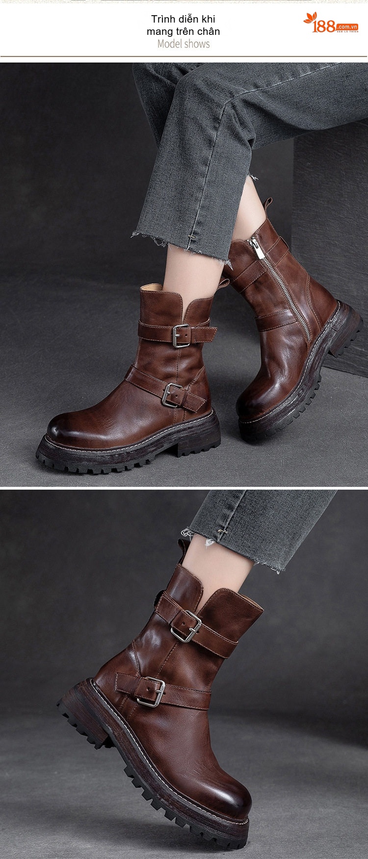 Boot Nữ Da Bò Cổ Lửng Phong Cách Anh Chiều Cao Đế Khoảng 4cm Màu Nâu, Đen chi tiết 6