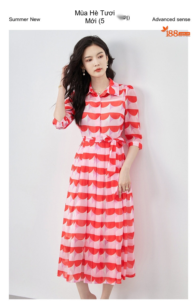 Váy liền thân Nữ Pháp Cổ Điển Thắt Eo Hoạ Tiết Kính Lưu Ly Chất Vải Voan Màu Đỏ, Hồng chi tiết 1