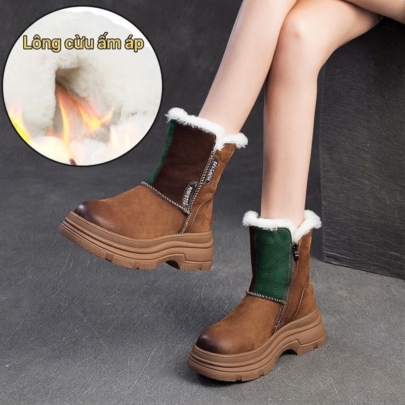 Boot Nữ Cổ Lửng Lót Lông Cừu Đế Dày Phong Cách Retro Chiều Cao Đế Khoảng 5cm Màu Nâu, Xanh Lá