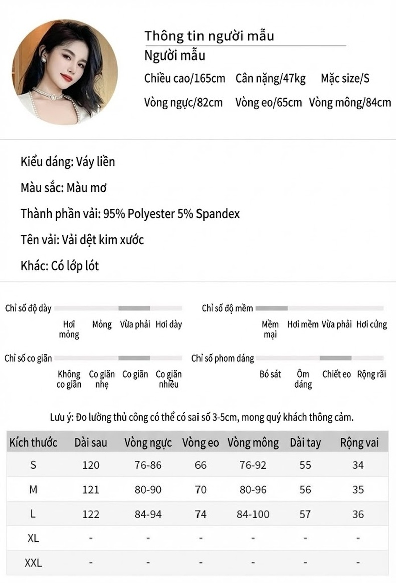 Váy Dài Tay Nữ Viền Ngọc Trai Cổ chữ Vuông Dáng Ôm Eo Đuôi Cá Dài Qua Gối Màu Kem chi tiết 2