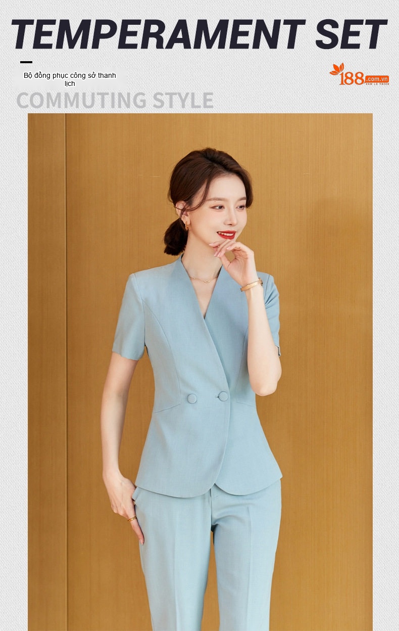 Bộ Vest Công Sở Nữ Tay Ngắn Cổ chữ V Màu Xanh Lam, Đen chi tiết 2