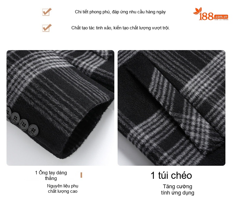 Áo Khoác Dạ Nam Hai Mặt Dáng Dài Kẻ Ô Vuông Màu Đen, Xám chi tiết 9