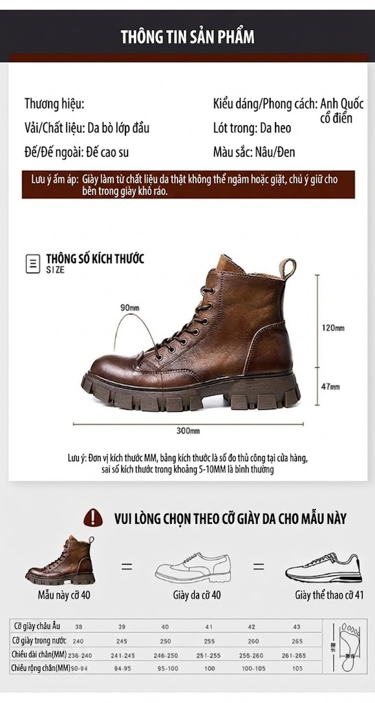 Giày Boot Martin Nam Da Thật Cổ Cao Đế Dày Phong Cách Retro Chiều Cao Đế Khoảng 5cm Màu Nâu, Đen chi tiết 4