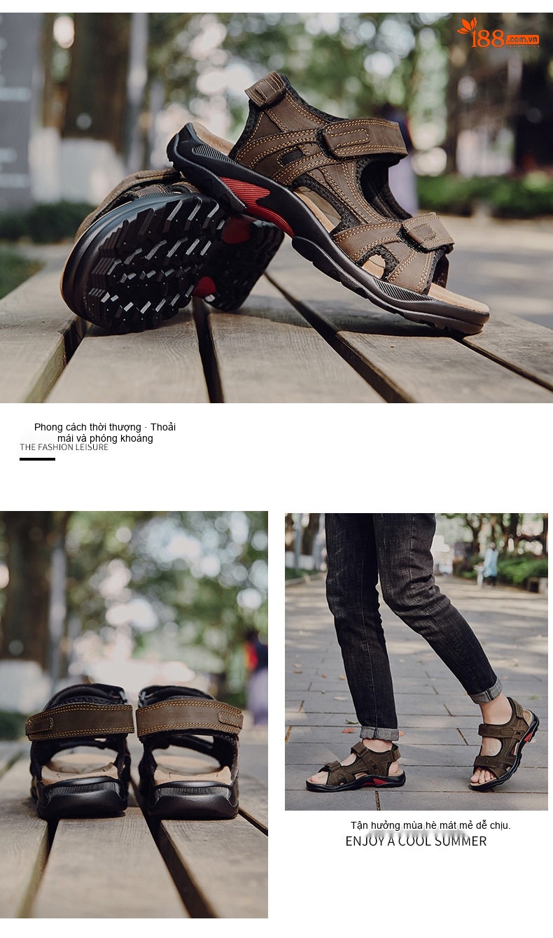 Dép Sandal Nam Da Thật Hở Ngón Thoáng Khí Chống Mòn Chiều Cao Đế Khoảng 3cm Màu Nâu, Be chi tiết 7