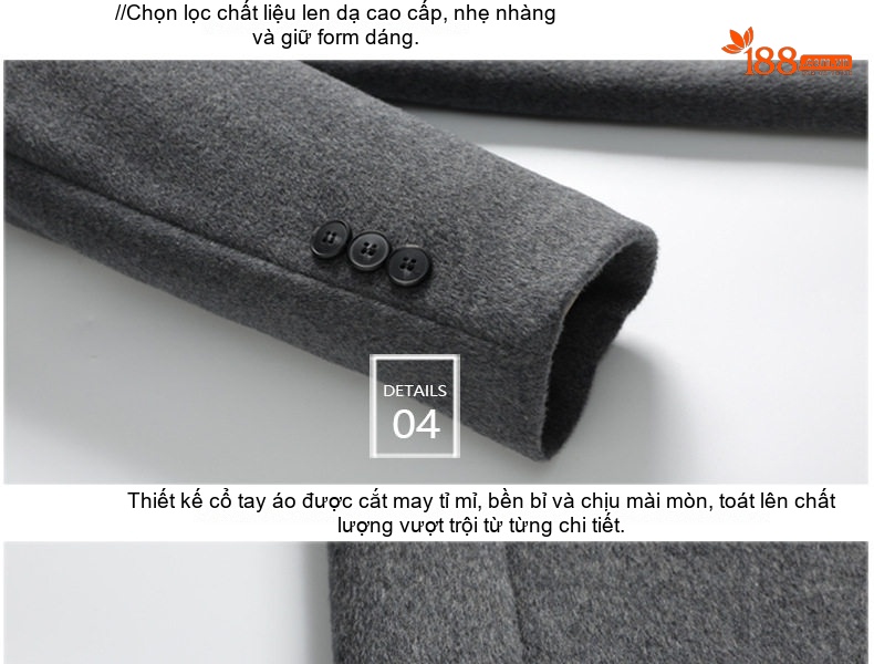Áo Khoác Dạ Nam Dáng Dài Vừa Cổ chữ Vest Cài Nút Phong Cách Tối Giản Màu Đen, Xám, Nâu chi tiết 13