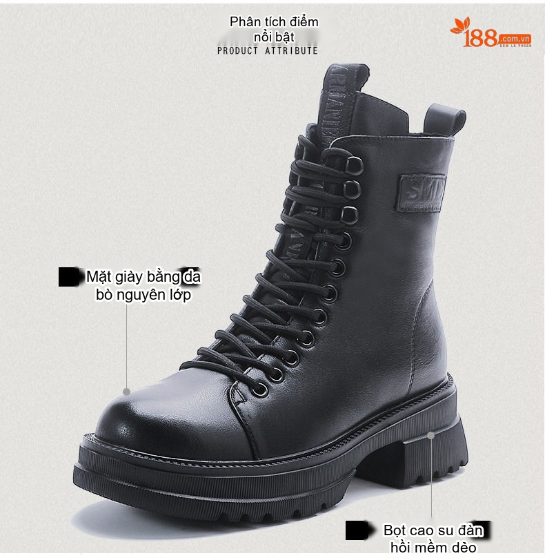 Boot Nữ Da Bò Cổ Ngắn Dây Buộc Chiều Cao Đế Khoảng 5cm Màu Nâu, Đen chi tiết 3