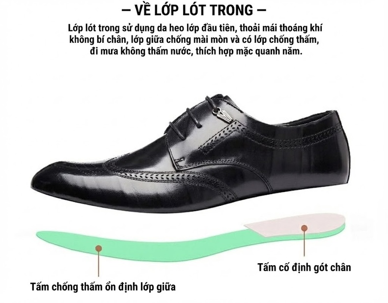 Giày Tây Brogue Nam Da Bóng Chiều Cao Đế Khoảng 3cm Màu Đen, Nâu chi tiết 4
