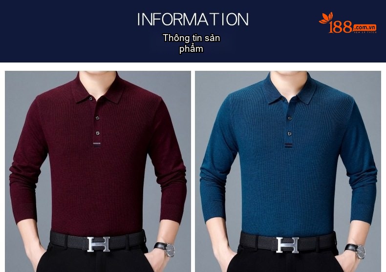 Áo Thun Polo Nam Dài Tay Dệt Kim Cashmere Phong Cách Doanh Nhân Màu Đỏ Rượu, Xám, Xanh Dương, Xanh Lá... chi tiết 5