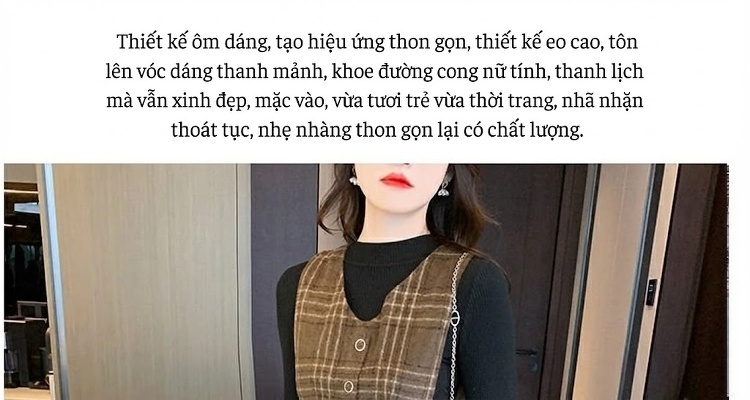 Set Váy Yếm Kẻ Caro A Chữ Thu Đông Pháp Cổ Điển Kèm Áo Màu Nâu chi tiết 1