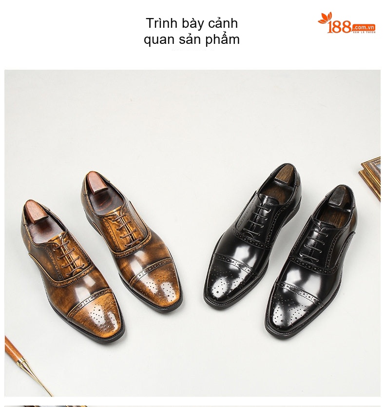 Giày Tây Buộc Dây Nam Da Bóng Brogue Chiều Cao Đế Khoảng 3cm Màu Nâu, Đen chi tiết 7