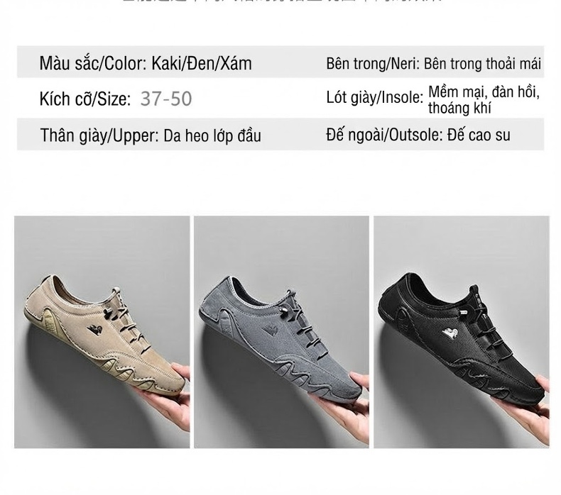 Giày Lười Nam Da Heo Phong Cách Âu Mỹ Chiều Cao Đế Khoảng 2cm Màu Kem, Đen, Xám chi tiết 5