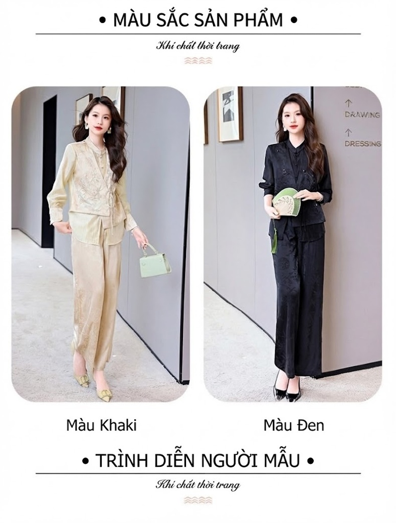 Bộ Áo Sơ Mi Quần Ống Rộng Nữ Phong Cách Trung Hoa Thêu Họa Tiết Kèm Áo Khoác Gió Màu Be, Đen chi tiết 8